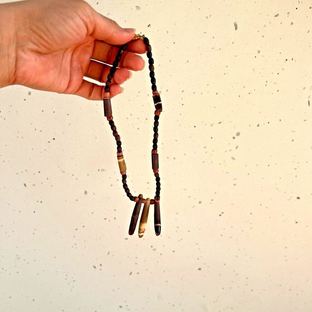 vtg beaded necklace wood stone beige‎ brown tan boho retro hippie beach surfer